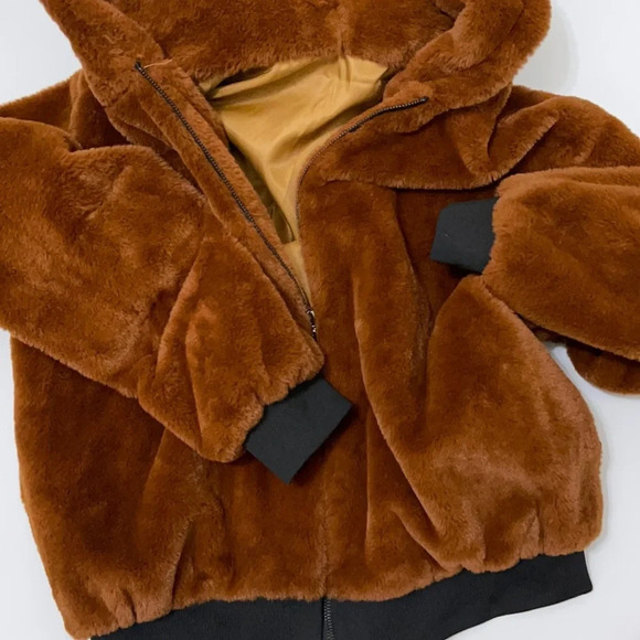 Odiva faux fur plush bomber jacket brown size M - Picture 14 of 16